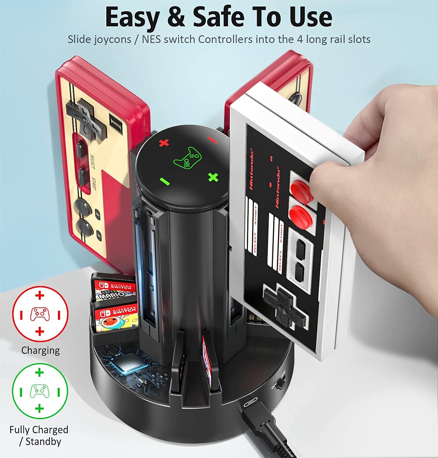OIVO Switch Controller Charger Docking Station for Nintendo Switch/OLED Joycons/NES/ N64/ Supper Nintendo and Pro Controller, Switch Remote Charging Dock with 8 Game Slots for Joy-Con Controllers