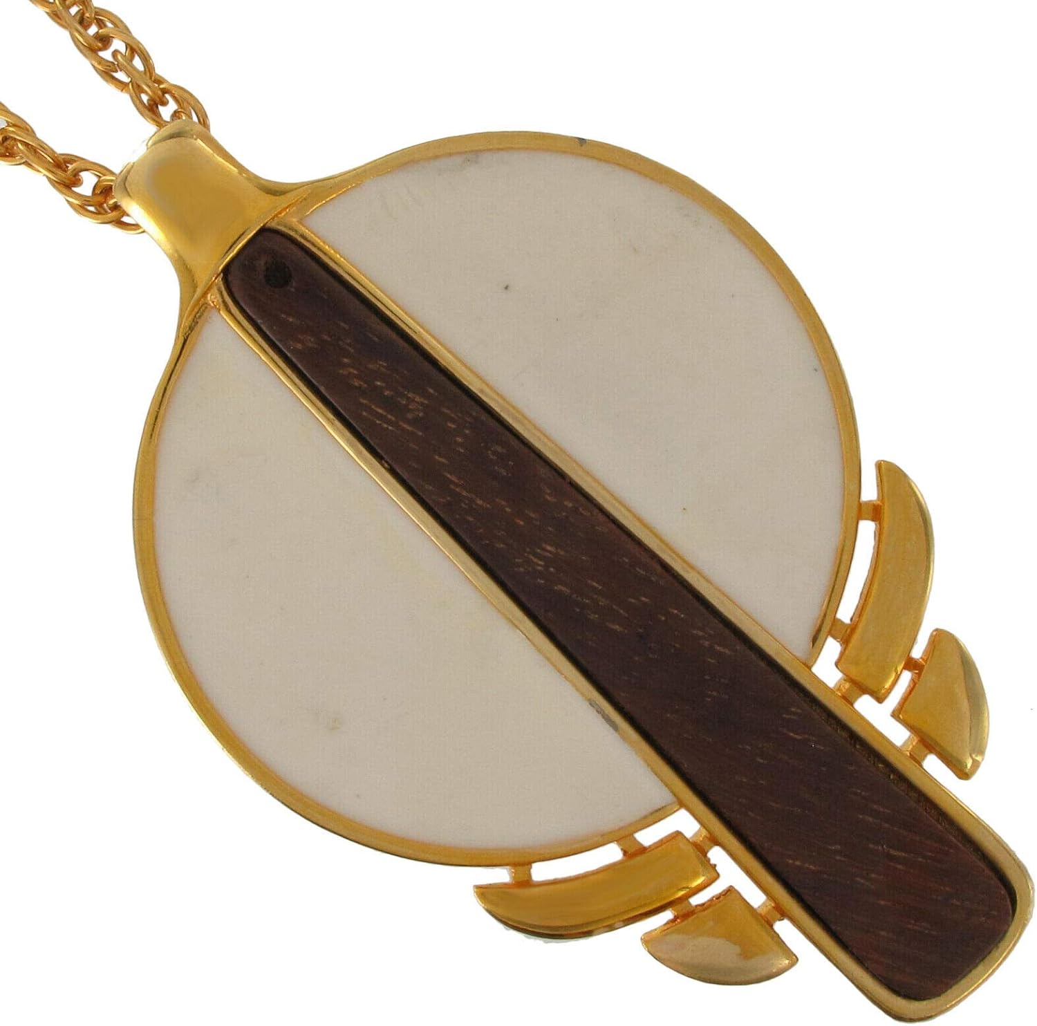 Vintage Gold Tone Circle Wood Dash Block Cream Enamel Pendant Necklace 18" Fashion Jewelry for Women Man