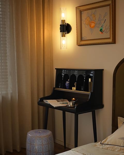 RAYOGALE RECHARGEABLE BATTERY WALL SCONCE 2 – WIRELESS, DIMMABLE, REMOTE, TOUCH CONTROL, 3000K FOR LIVING ROOM, BEDROOM BLACK GOLD 2 PACK (INCLUDE 4 SPECIA BULBS)