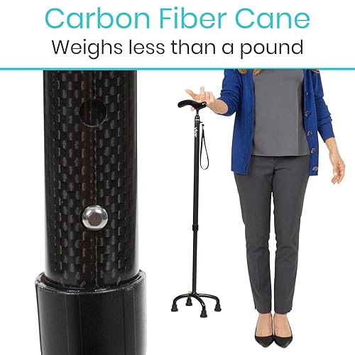 Vive Ultra-Lightweight Quad Cane Carbon Fiber Walking Stick for Men  Women Adjustable Ergonomic Grip