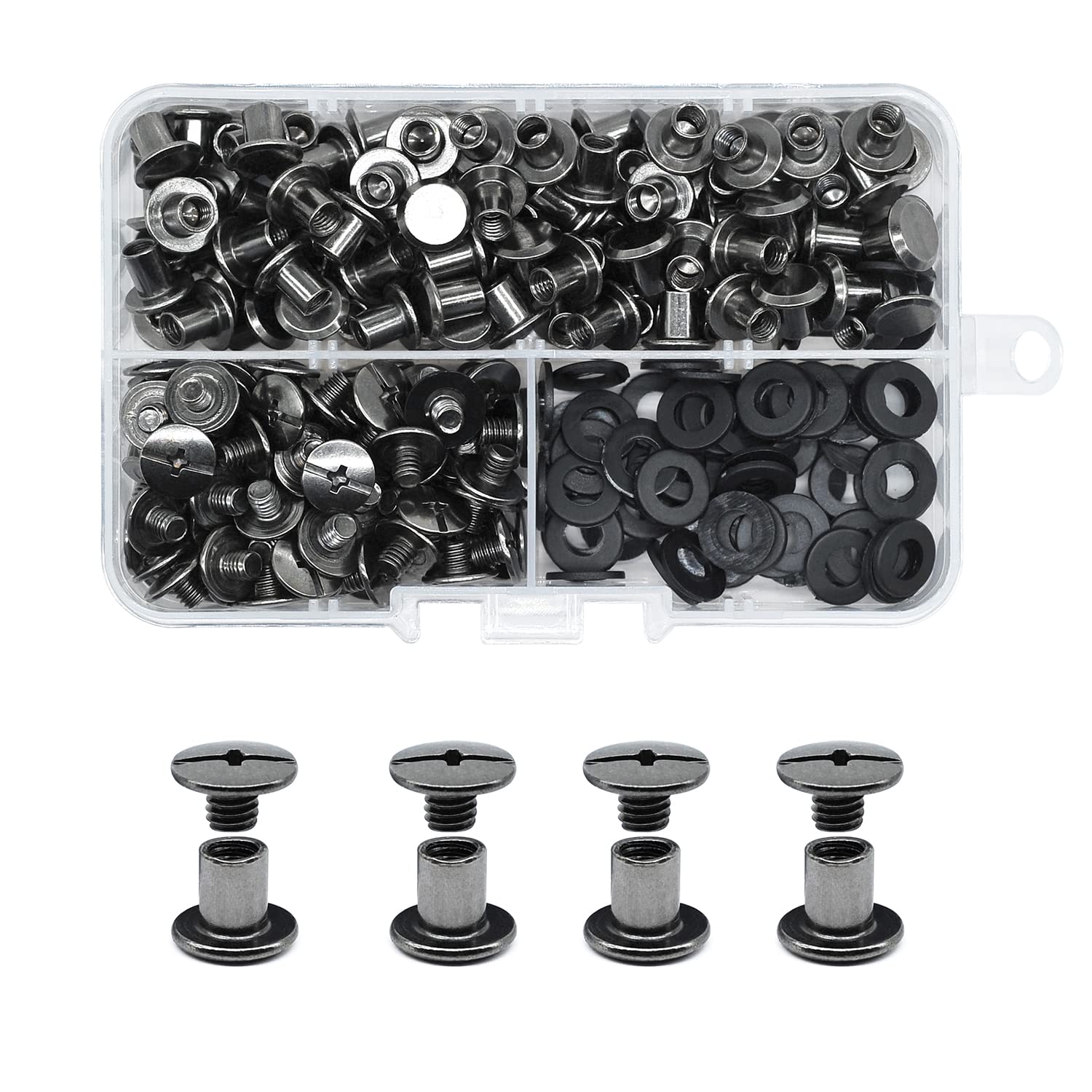 JINTANG 90 Sets M5x6mm Chicago Screws Leather Rivets for Fabric Black Chicago Binding Screws Buttons Metal Studs Rivets for Decorate and Repair Belts Bags Shoes Purse Dog Collar Leather Craft