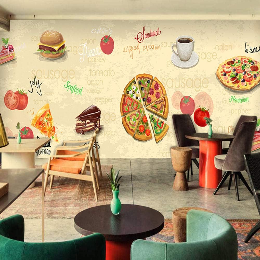 XHYBH 3D Mural 3D Burger Pizza Personality Mural Restaurant Coffee House Background Wall Casual Fast Food Wallpaper Mural(W)450x(H)300cm，Self-Adhesive Mural Wallpaper Bedroom Restaurant Office Wall A