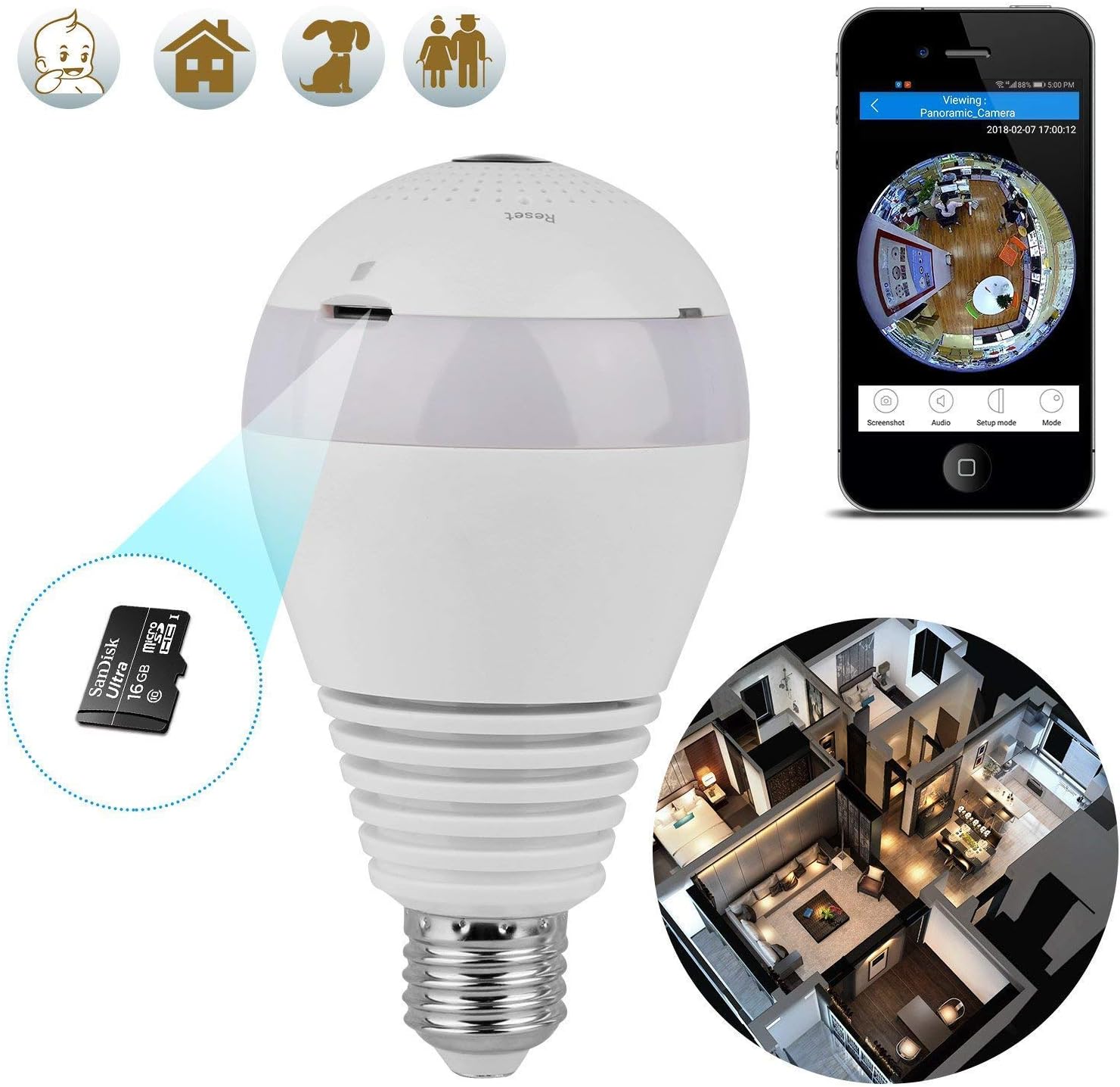 ProTech Electronics WiFi 1080P Light Bulb Camera, 360 Degree Wireless Panoramic Fisheye Indoor and Outdoor Camera with Night Vision/Motion Detection/2-Way Audio/Lamp Compatible with iOS/Android App