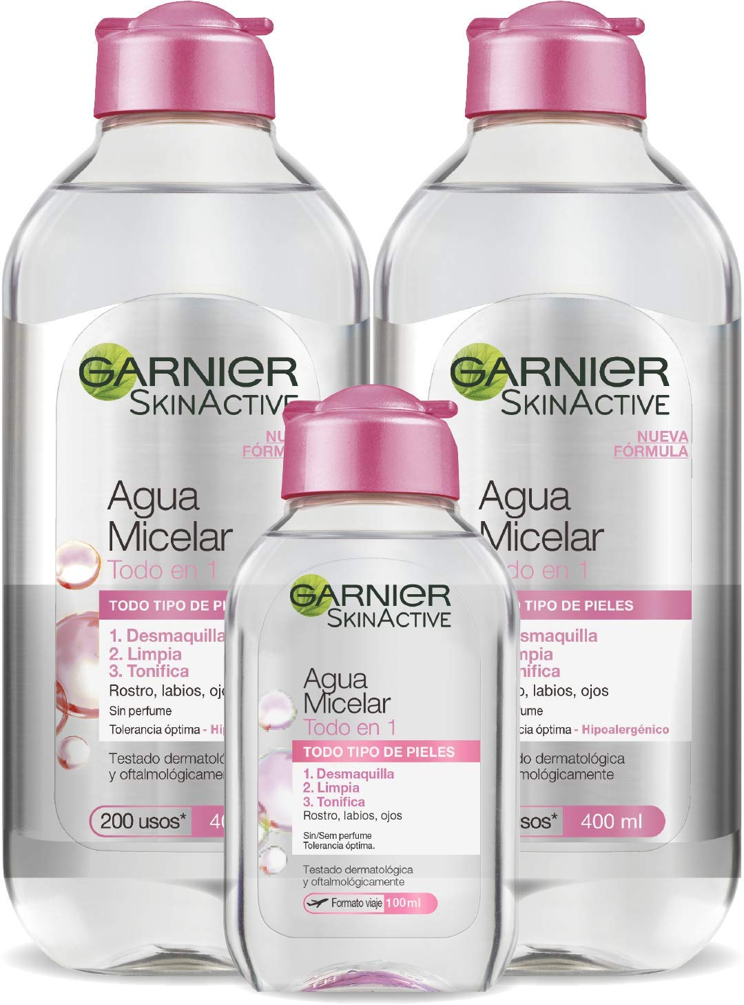 Garnier Skin Active Agua Micelar Clásica para Pieles Normales Todo en Uno – 2x400 ml + 1x100 ml