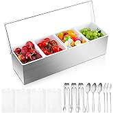 Mifoci 1 Pack Stainless Steel Chilled Condiment Server 4 Removable Slot Toppings Containers with Lid and Bottom Ice Bar Garnish Tray with 9 Silverwares 4 Ice Boxes for Christmas Party, Events and Bar