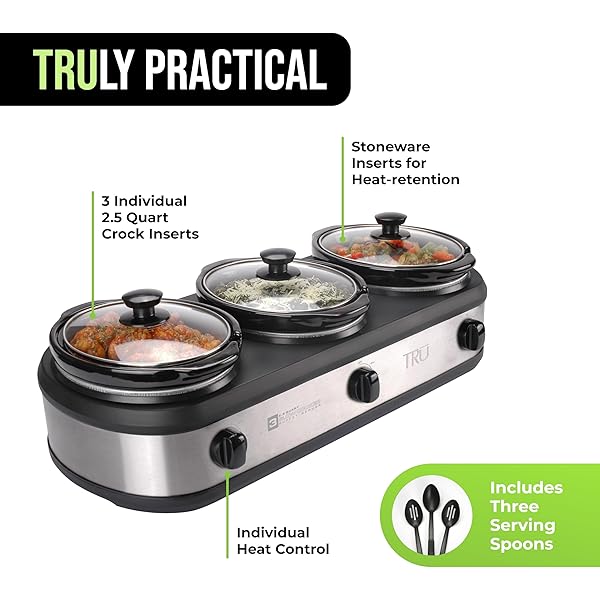 TRU TRIPLE BUFFET SERVER – THREE 2.5 QUART REMOVABLE CROCK INSERTS – SLOW COOKER & FOOD WARMER WITH INDIVIDUAL HEAT CONTROL – INCLUDES LID RESTS & SERVING SPOONS