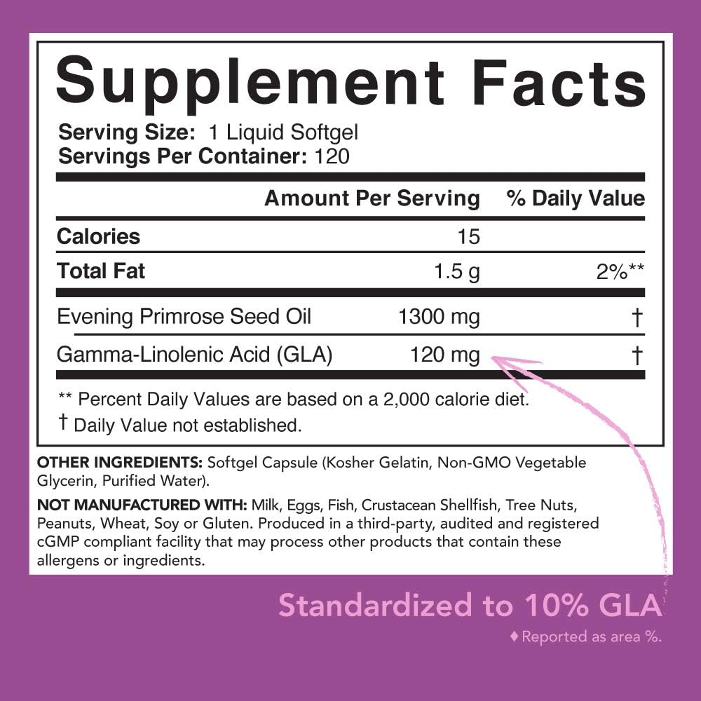 Evening Primrose Oil (1300mg) 120 Liquid Softgels ~ Cold-Pressed with No fillers or Artificial Ingredients ~ Non-GMO & Gluten Free: Health & Personal Care
