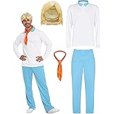 WATCPNO 4PCS Men's Fresh Blue Polo Shirt Casual Set With Orange Scarf And Golden Wig for Halloween Themed Parties