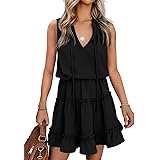 Sidefeel Womens V Neck Sleeveless Ruffle Mini Short Skirt Dresses