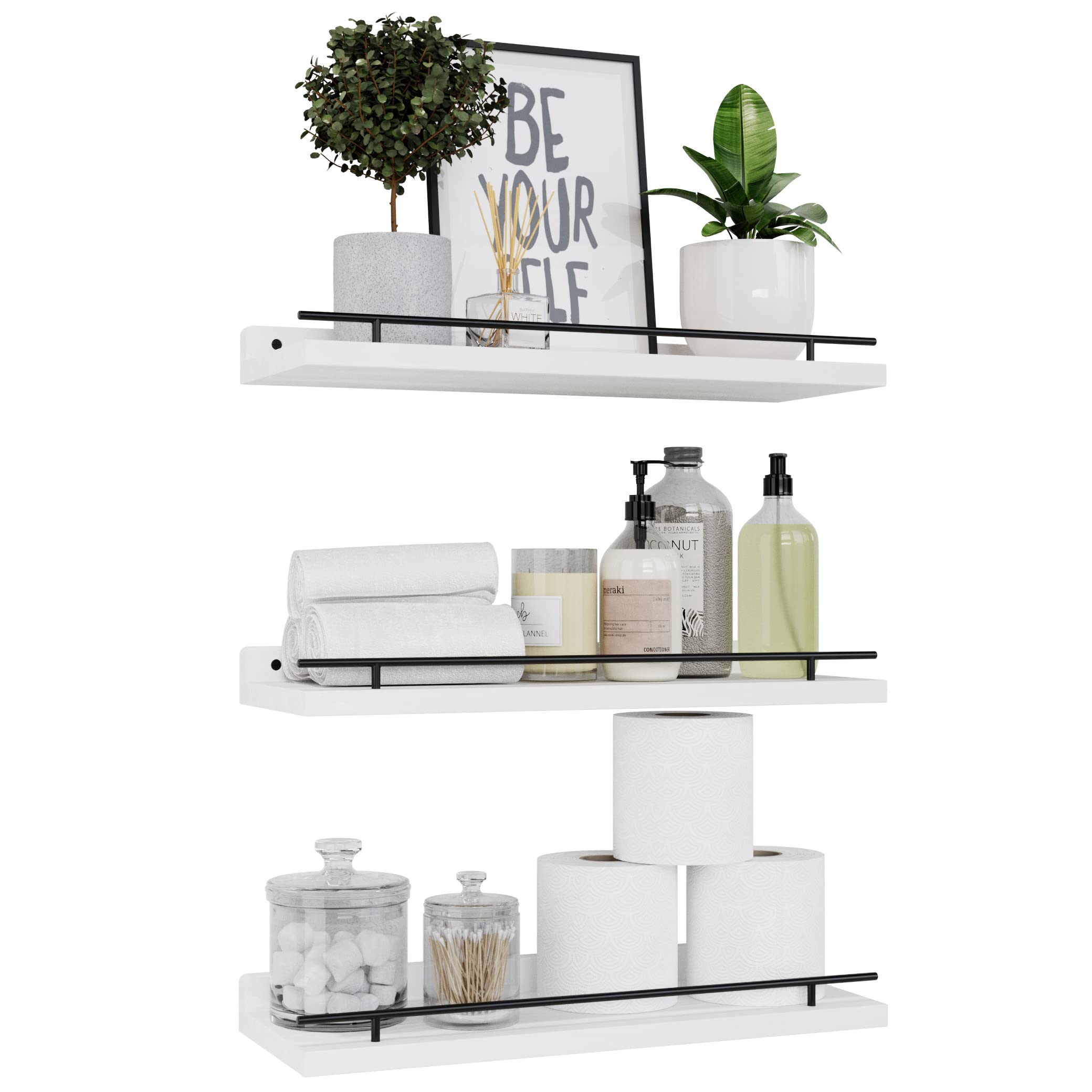 Photo 1 of WOPITUES Floating Shelves with Black Metal Guardrail, Shelves for Wall Decor Set of 3, Wall Shelves for Bedroom, Bathroom, Kitchen, Living Room, Plants, Picture Frames, Art- Black and White