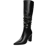 Younton Knee High Boots for Women Chunky Heel Boots Classic Pointed Toe Boots Slouchy Booties for Work Office Comfortable Retro High Heel Boots