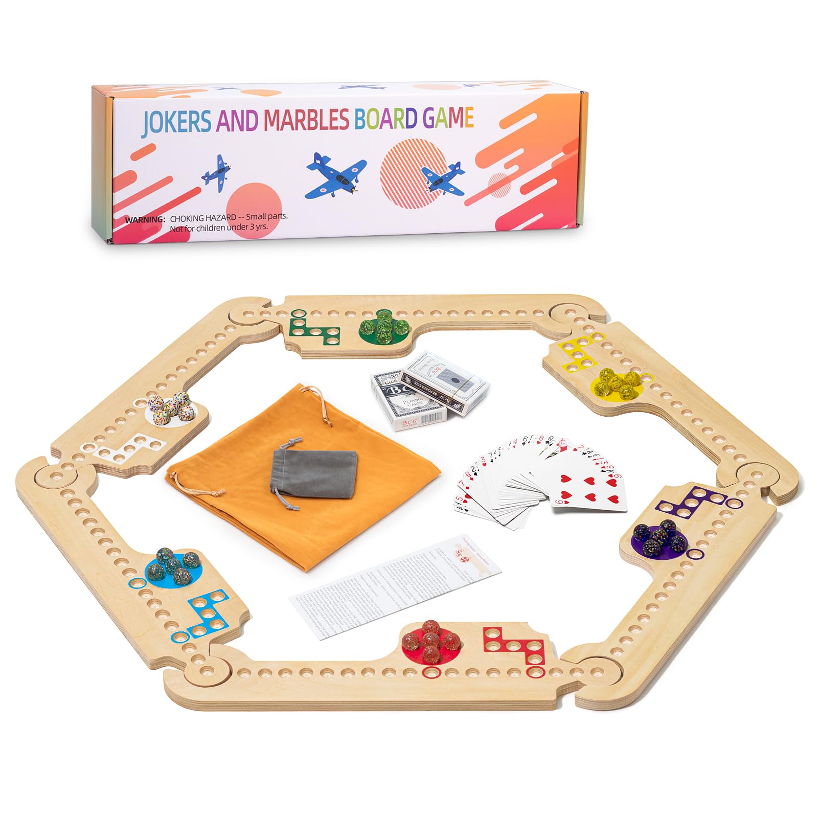 Photo 1 of Jokers and Marbles Board Game, Wooden Marble Game for 2-6 Players, Portable Jokers Game with 30 Marbles 3 Decks of Cards 2 Storage Bags for Family Game Night and Holiday Party