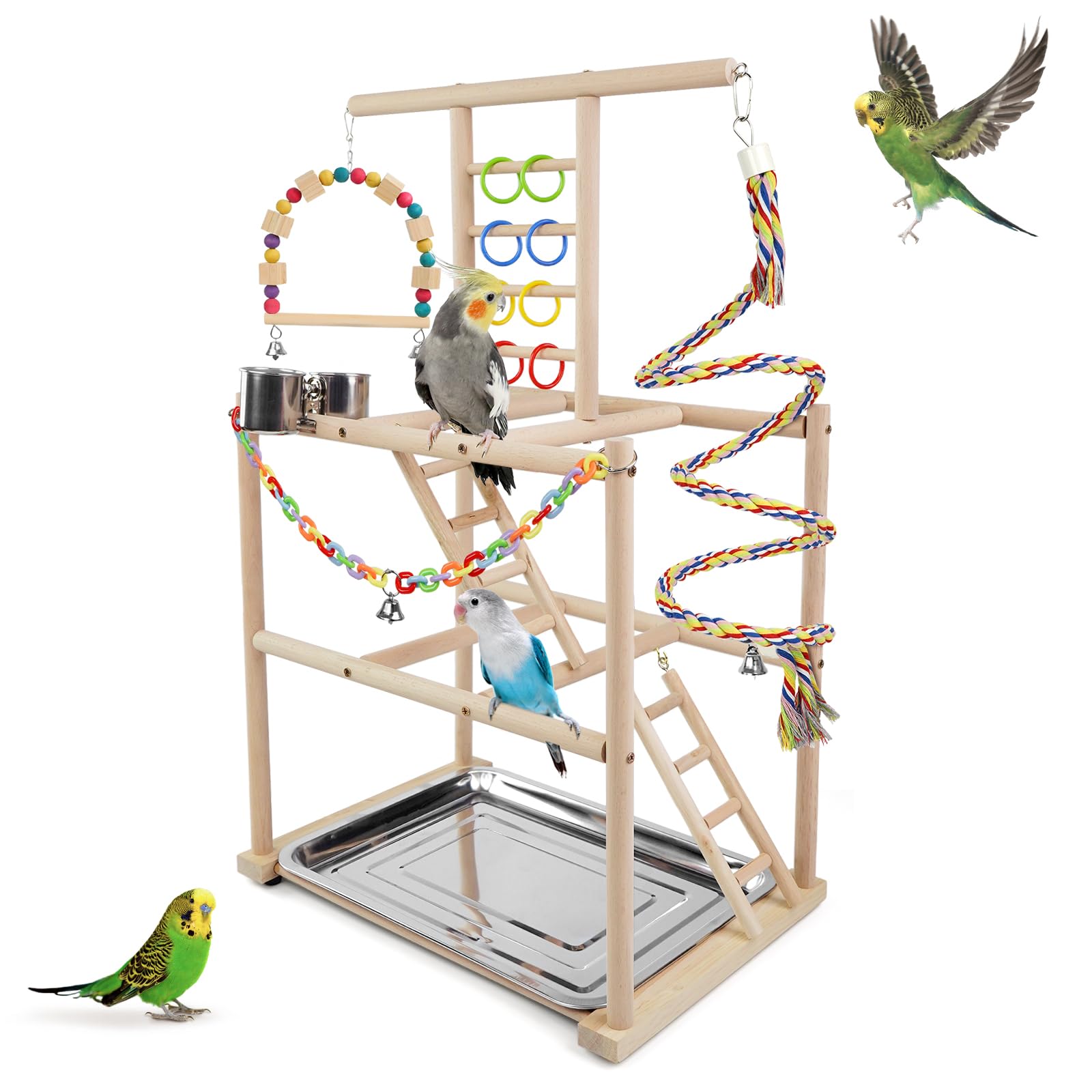 Photo 1 of HPAWHOMEPART Bird Playground, Parrots Playstand for Small to Medium Birds, Perch Stand with 3 Ladders Playgym with Rope Perch, Swings Feeder Cups Bird Cage Accessories for Conure Cockatiel Lovebirds