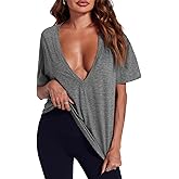 Tankaneo Womens Sexy Deep V Neck T-Shirts Summer Short Sleeve Tops Casual Loose Fit Basic Tees