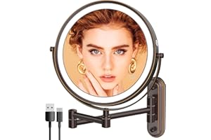 Rocollos Rechargeable Lighted Wall Mounted Makeup Mirror with 3 Color Lights,Dimmable Touch Screen,8 Inch LED Double Sided 1X/10X Magnifying 360°Flexible 13 Inch Retractable
