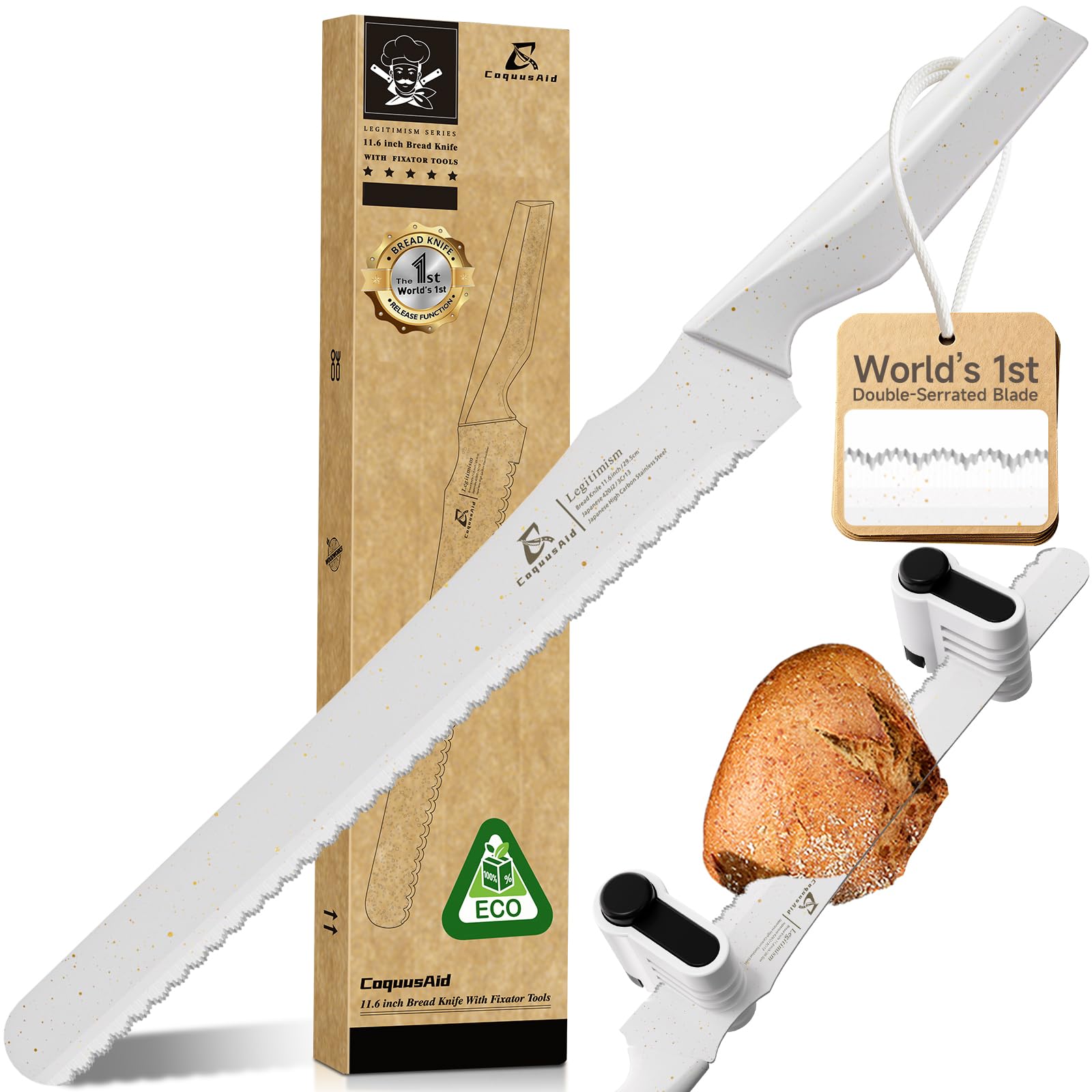 Photo 1 of CoquusAid Resharpenable Bread Knife for Homemade Bread, 11.6-Inch Multifunction Serrated Knife with 5 Thickness Adjustable Slicing Guide, Stainless Steel Bread Cutter, Razor Sharp for Sourdough, White