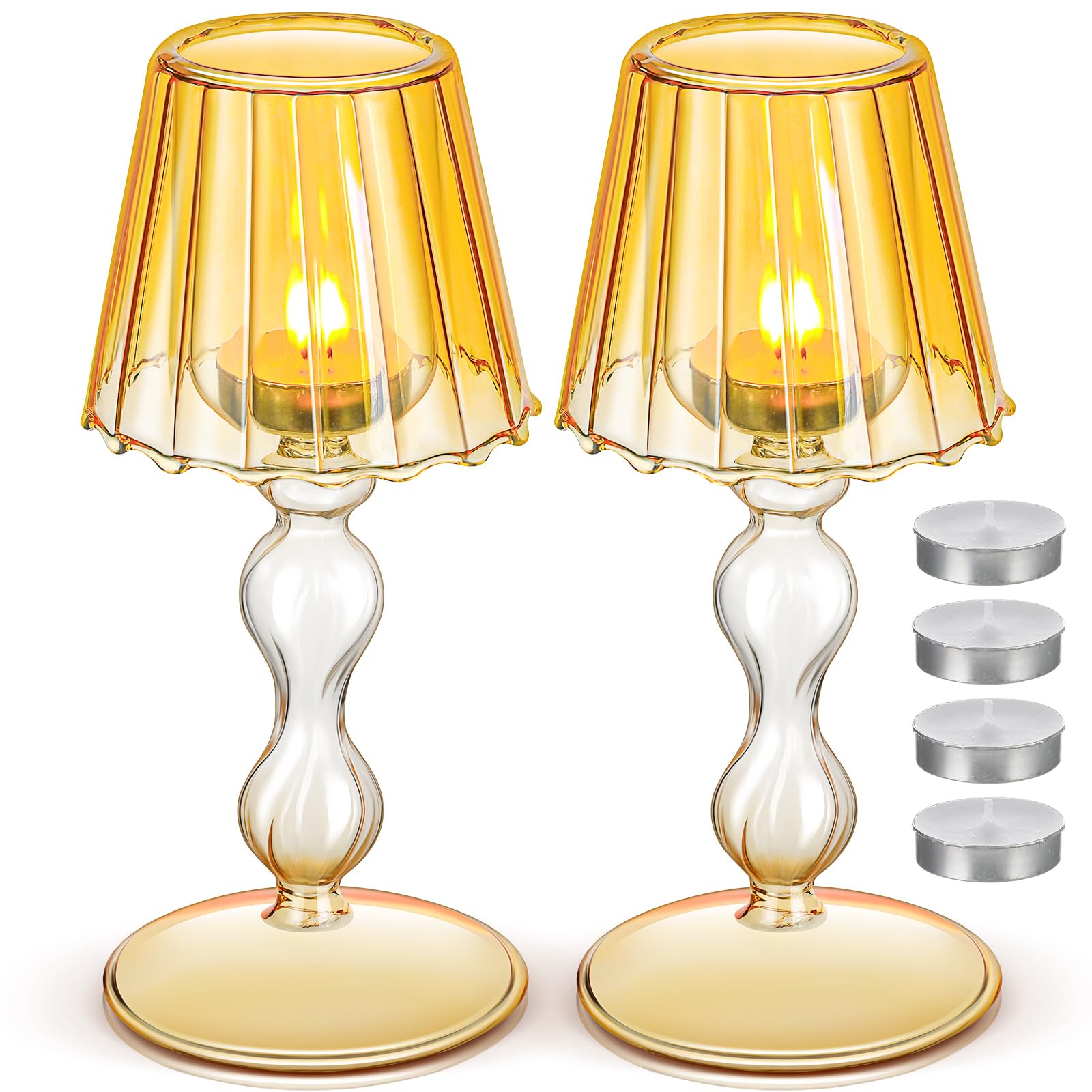 Photo 1 of Tioncy 2 Pcs Champagne Glass Votive Candle Holder with 4 Pcs Tealights Candles Set Crystal Hurricane Decorative Lamp Shaped for Table Wedding Dinning Centerpieces Party Supplies Festival Home Decor