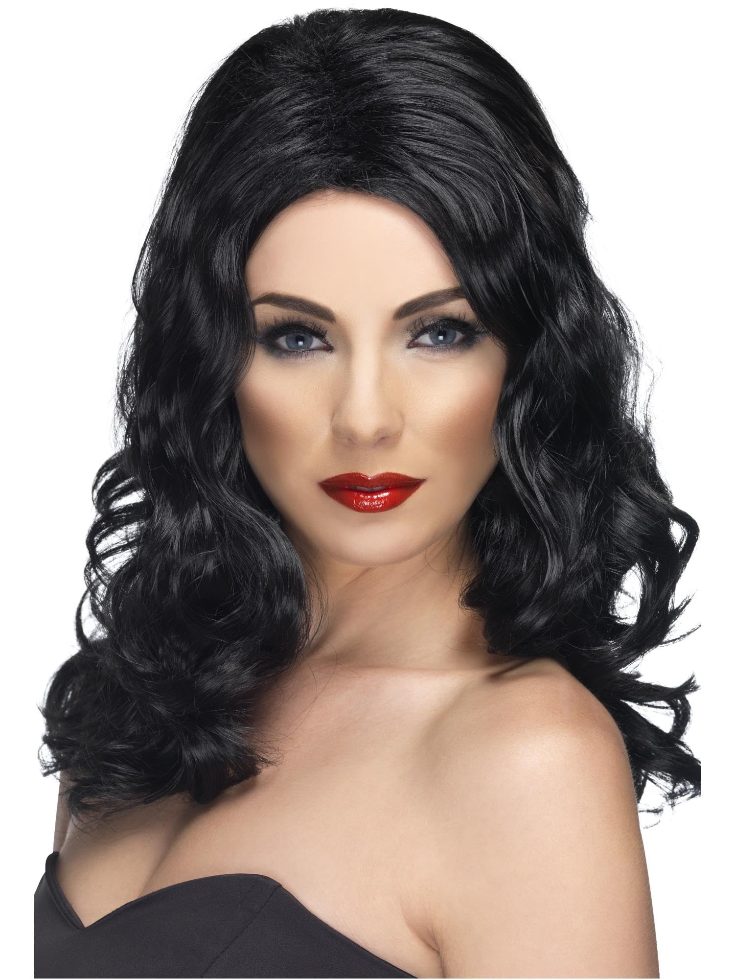 Smiffys Glamorous Wig, Black Long and Wavy, Ladies Glamour Wigs Fancy Dress, Adult Dress Up Wigs