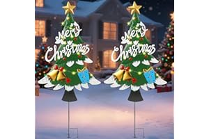Lewondr 2 PCS Christmas Decororations Outdoor, 41.1" Solar Metal Xmas Trees Garden Stakes, Christmas Yard Signs with Led Light, Waterproof Solar Garden Decor for Pathway Yard Lawn Patio