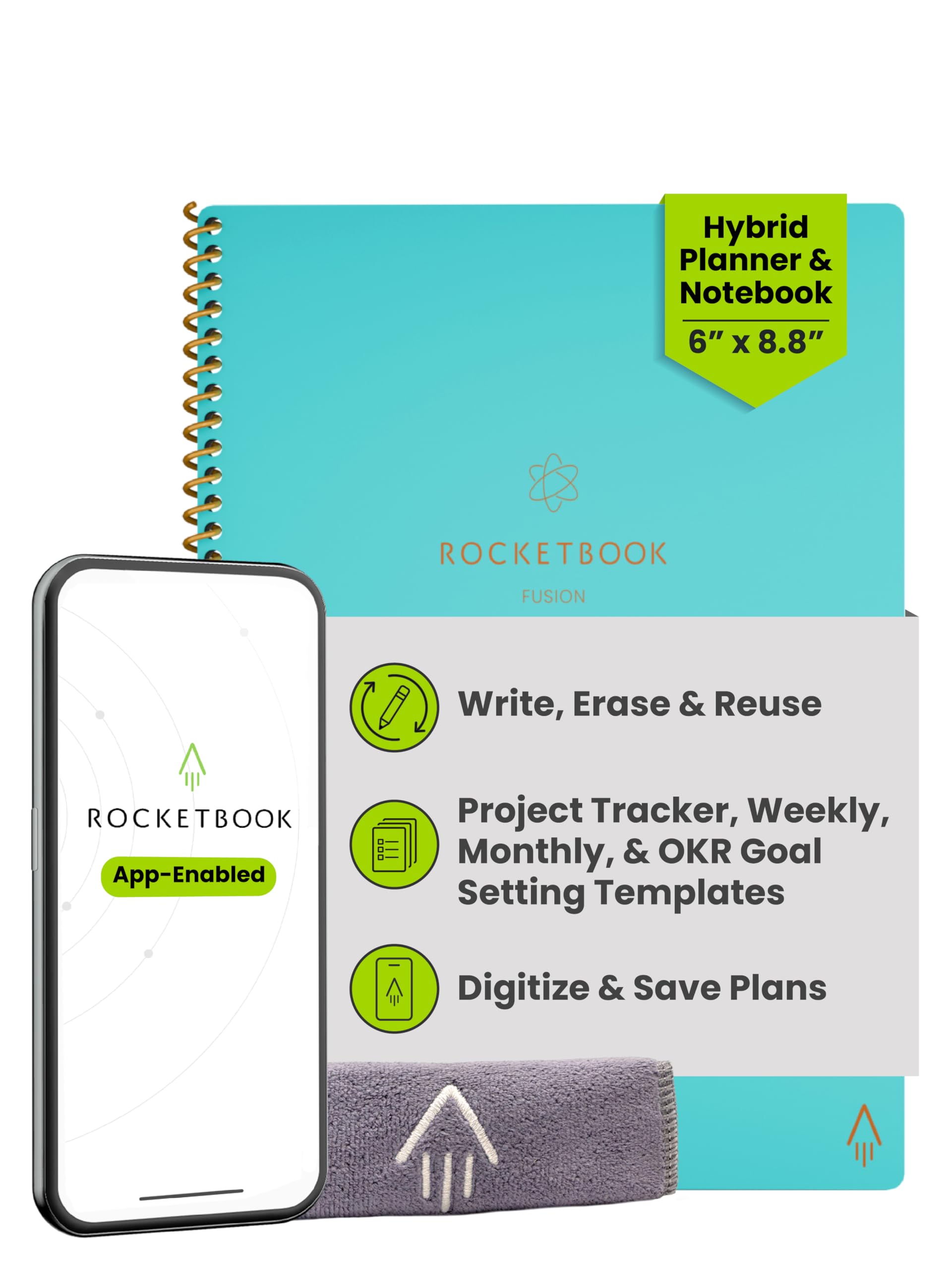 Rocketbook Fusion Reusable Digital Notebook - Smart Notepad A5 Teal, 7 Styles, To Do List, Daily Journal, Weekly & Monthly Planner with Frixion Erasable Pen, Office Gadget Reduces Paper Waste