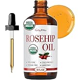 BodyJ4You Rosehip Oil for Face - 100% Pure Natural USDA Organic Cold Pressed - Hydrating Skin Hair Nails Anti-Aging Wrinkle Scar Treatment Gua Sha - Non-GMO Undiluted Carrier - Glass Bottle 4 Fl Oz