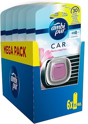 Ambipur aromatizador de ar para carros, difusor (6 x 2ml), elimina e previne maus odores, fragrância de flores elegantes, mega pack