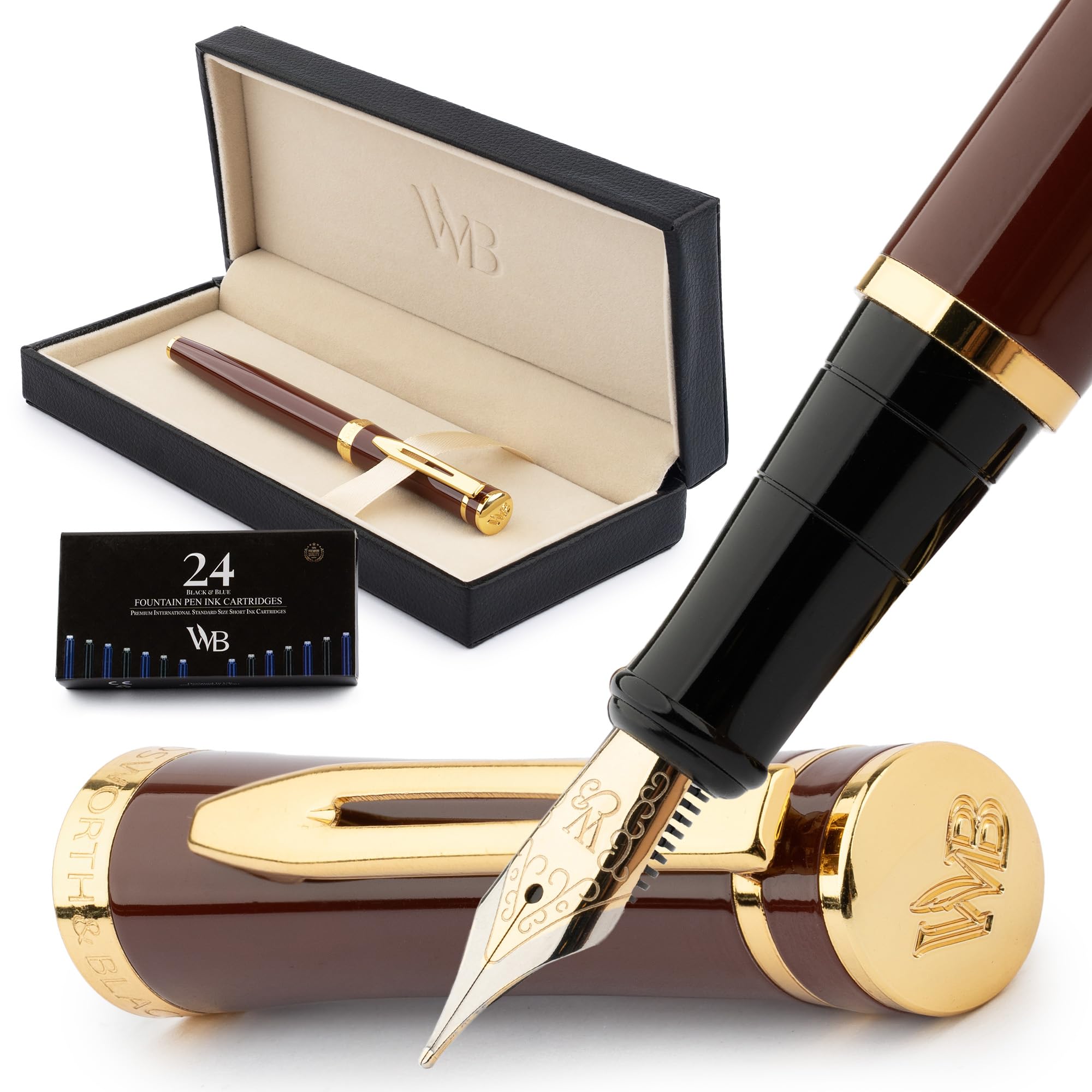 Wordsworth & Black Fountain Pen Kit, 18K Medium Gold Nib, Includes 24 Ink Cartridges, Ink Refill Converter and Gift Box, Gold Finish, Calligraphy, [Golden Brown]