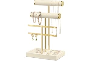 Josmimic Bracelet Holder Jewelry Organizer Display - 3 Tier T Bar Velvet Stand, Beige Jewelry Storage for Bracelet, Necklaces, Earrings, Rings, Watches