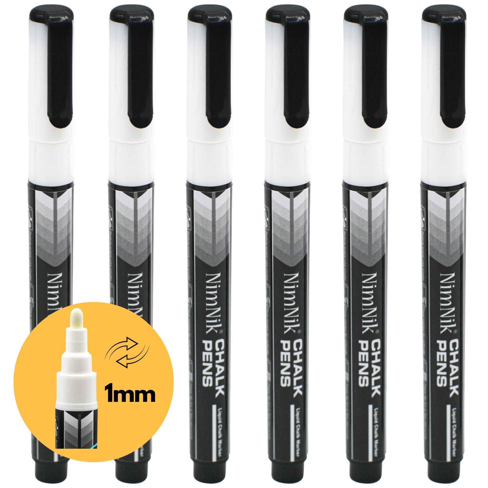 NimNik White Liquid Chalk Markers 1mm Nib - Use on Chalkboard, Whiteboard, Glass - 6 Pack - Water Based Wet Wipe Erasable Pen