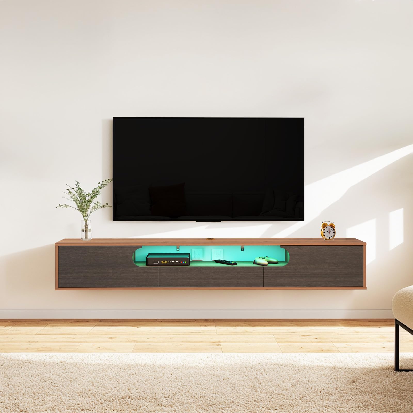 Photo 1 of Pmnianhua Floating TV Stand with LED Lights,70'' Wall Mounted TV Cabinet Floating Under TV Shelf Media Console Entertainment Center with Storage Living Room Playroom Bedroom(Walnut)