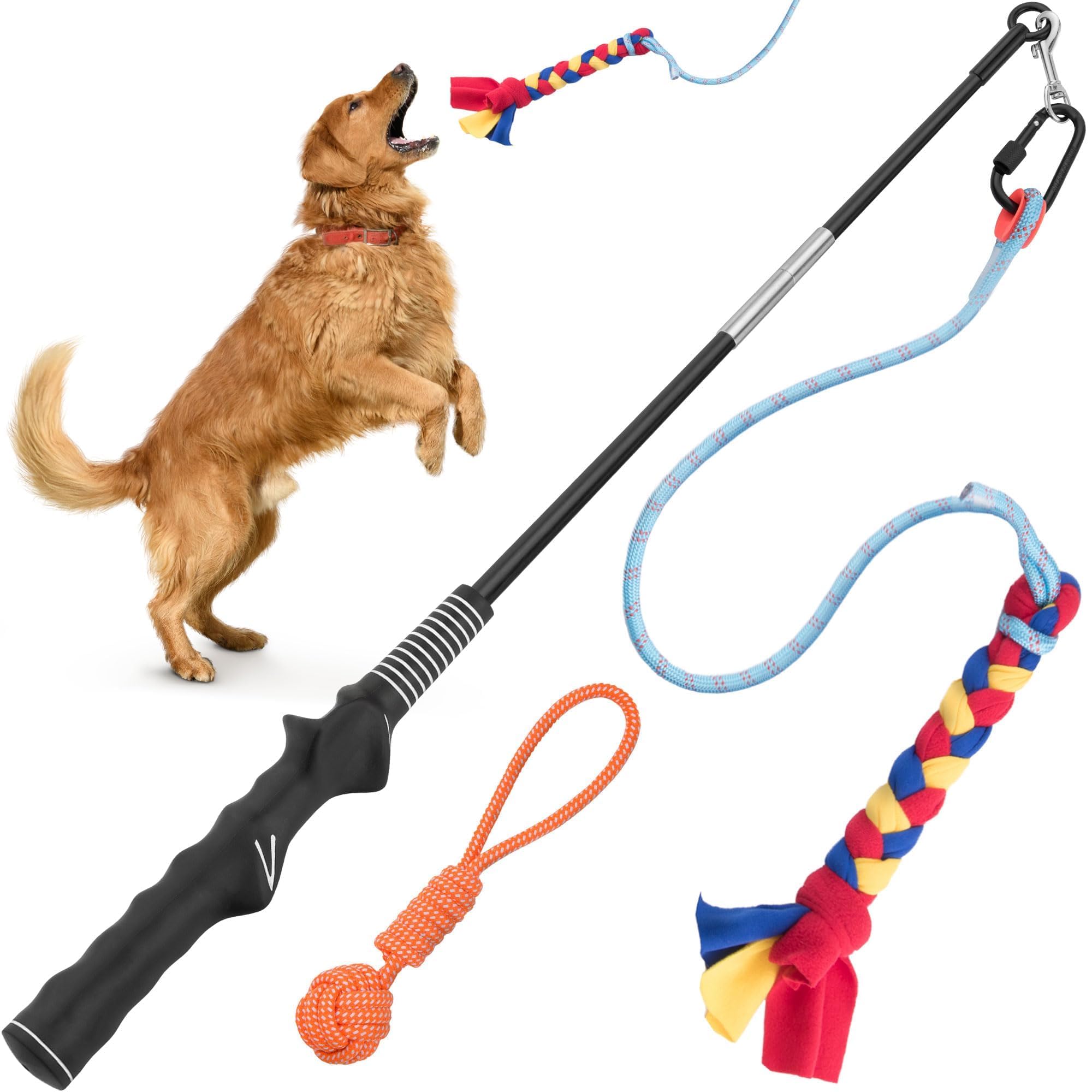 YES4QUALITY Flirt Pole for Dogs with Safe & Strong Nylon Rope - Heavy Duty Lure Stick for Dogs of Any Size - Dog Toy for Fun Obedience Training & Exercise - Braided Fleece Toy