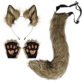 HAOAN Faux Fur Wolf Ears Headband Fox Tail and Paw Gloves Set Cosplay Halloween Costume Accessories