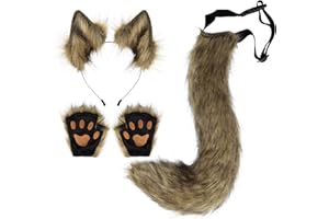 HAOAN Faux Fur Wolf Ears Headband Fox Tail and Paw Gloves Set Cosplay Halloween Costume Accessories