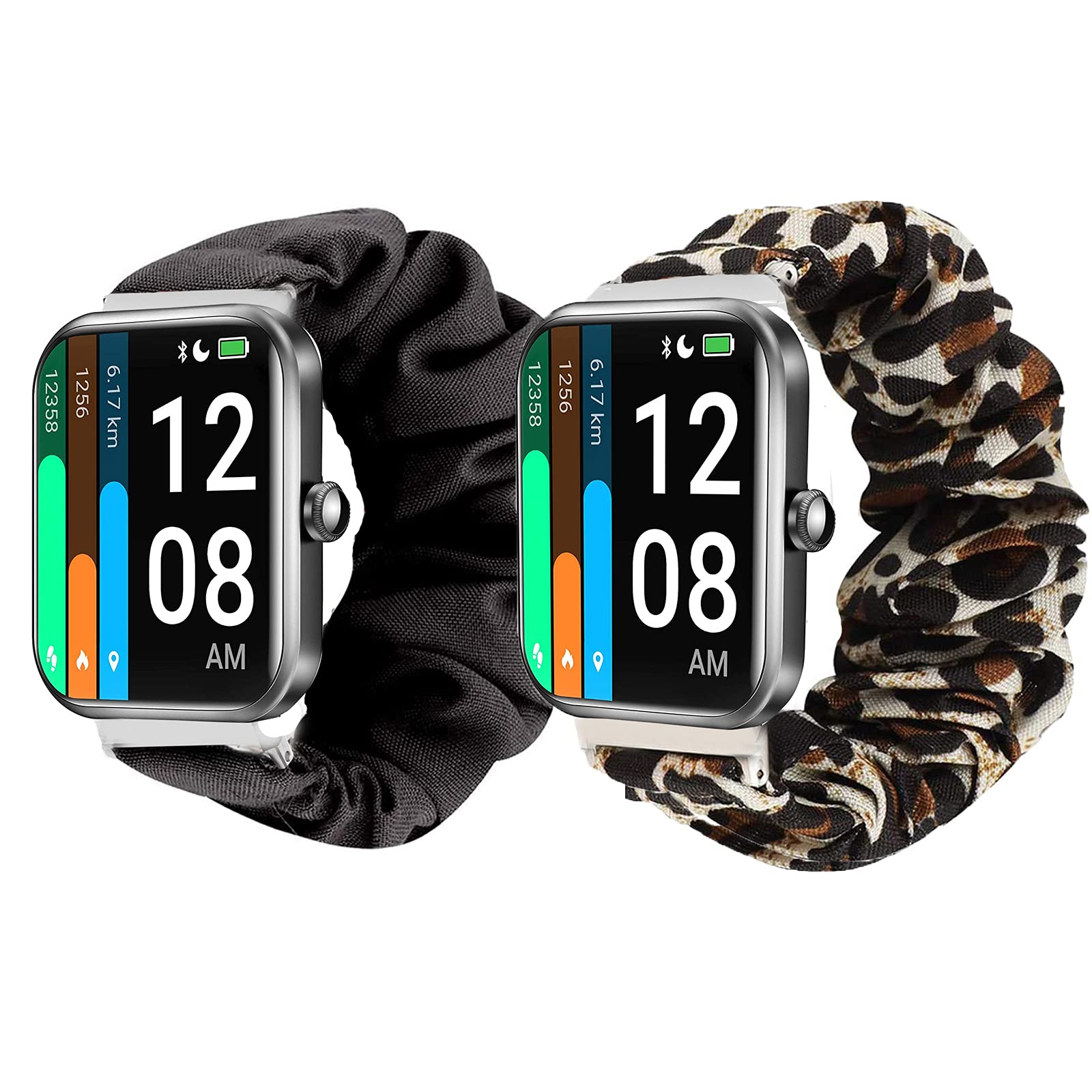 Giaogor ID206 Band, Fabric Elastic Scrunchie Elastic Women Cute Replacement Straps Compatible for LETSCOM ID206 1.69" Smartwatch/AGPTEK IP68 LW11 Smartwatch (2 pack-Black+Leopard print)