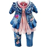 Peacolate 6M-4Years Spring Fall Baby Girls Clothing Set 3pcs Long Sleeve Dress Denim Jacket and Jeans