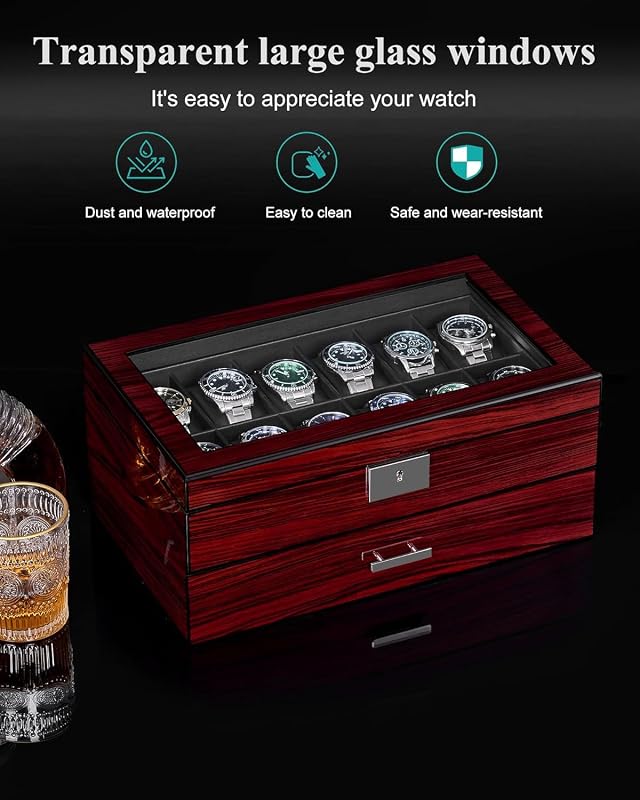 Caja de Relojes con 12 Ranuras, Joyero Hombre con Tapa de Cristal