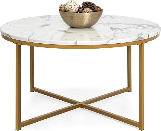 Amazon Com Best Choice Products 36in Faux Marble Modern Round Accent Side Coffee Table For Living Room Dining Room Tea Home Decor W Metal Frame Non Marring Foot Caps White Bronze Gold Furniture Decor
