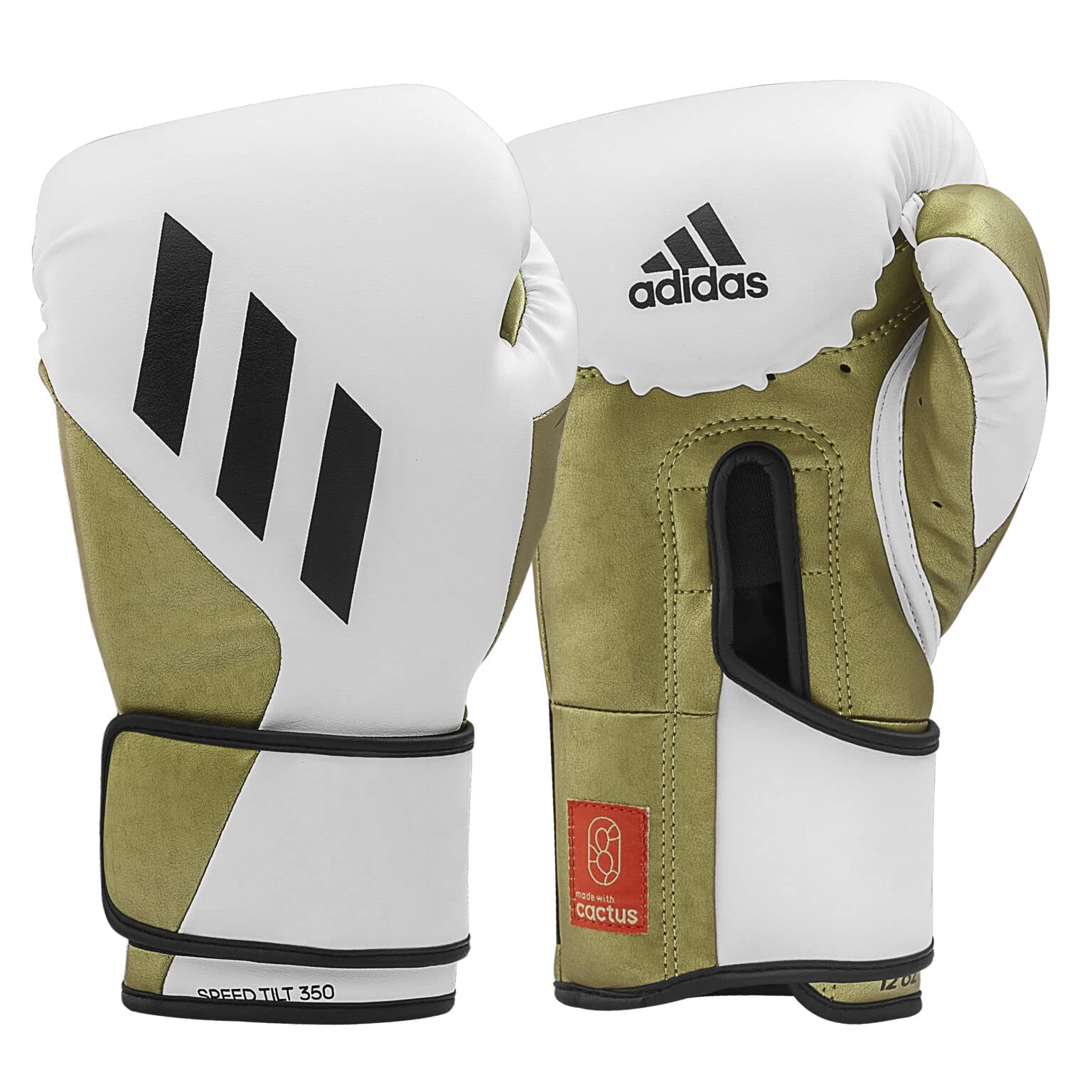 Adidas Speed Tilt 350 Velcro Boxing Gloves 12 oz White/Gold with Innovative TILT Technology The First 100% Sustainably Made Boxing Gloves Made of Cactus Leather