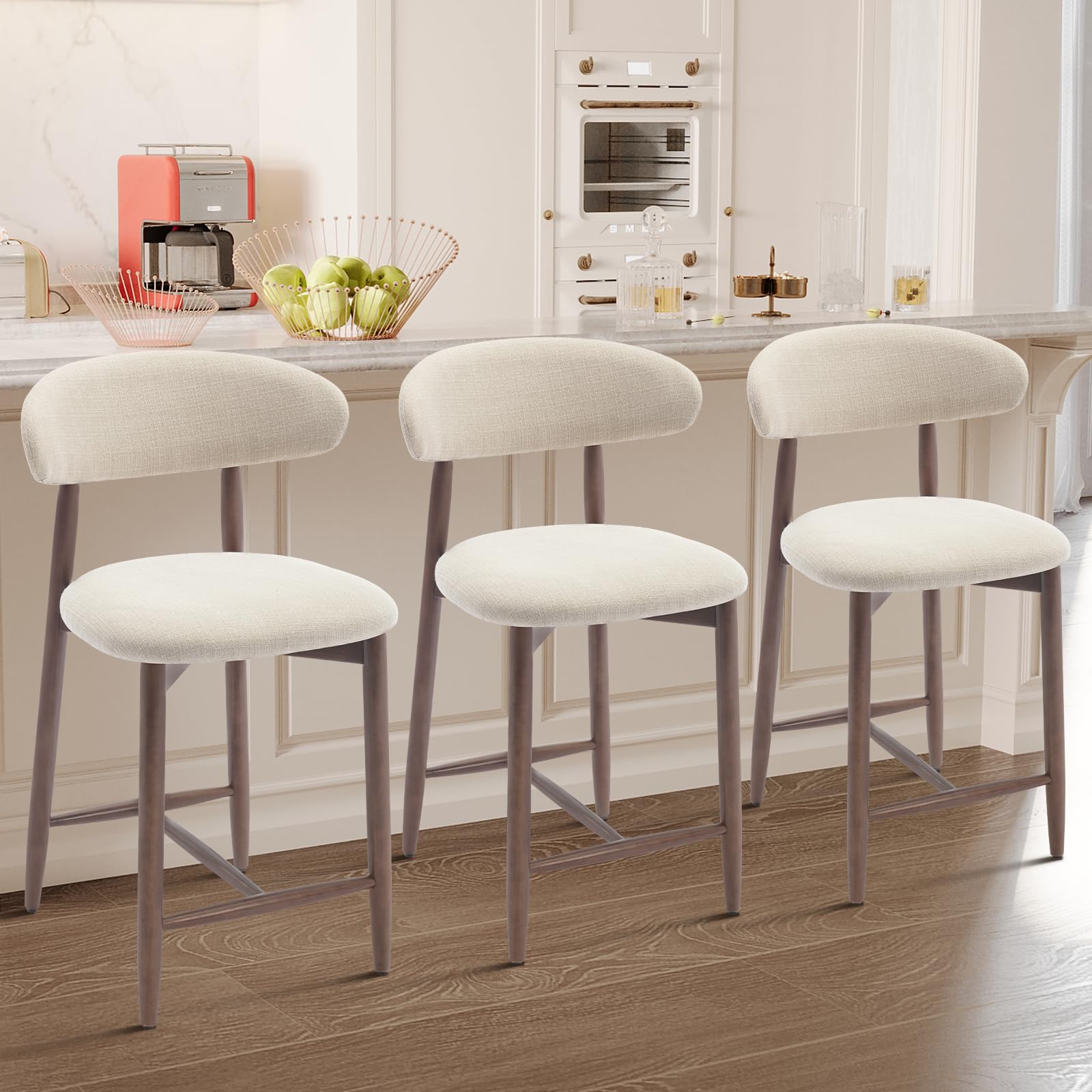 Photo 1 of ****MISSING ASSEMBLY PIECES*** COLAMY Counter Height Bar Stools Set of 3, Upholstered Barstools with Back, Mid Century Modern Stools with Wood Legs for Kitchen Island Dining Room, Beige