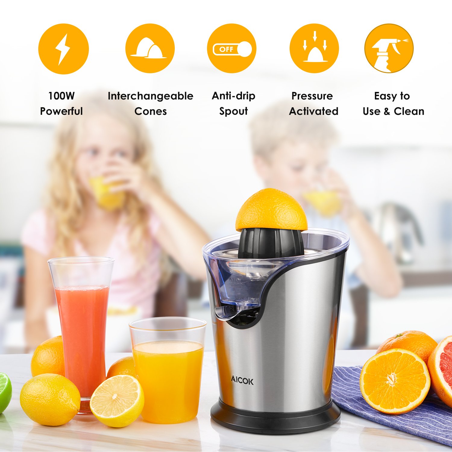 Aicok Citrus Juicer Electric Brushed Stainless Citrus Juicer Squeezer