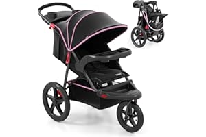 INFANS Jogging Stroller, Jogger Travel System with Shock Absorbing Suspension Dining Plate Cup Holder Adjustable Backrest, Lightweight Baby Strollers for Newborn (Pink)