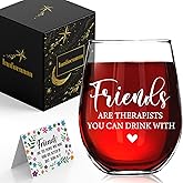 Innfueunun Funny Wine Glass Gift For Friends,“Friends Are Therapists You Can Drink With”,Humorous Christmas Birthday Gifts Stemless Wine Glass for Sisters Besties -15oz
