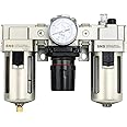 SNS 1/2" NPT Compressed Air Filter Regulator Lubricator Three Unit Combo FRL Water/Oil Trap Separator, Semi-auto Drain, 5 Micron Brass Filter, Gauge and Bracket, Poly Bowl with Metal Guard AC4000-N04A