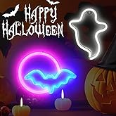 BRIGHTDECK 2 Pack Halloween Neon Signs, White Ghost, Blue Bat Full Moon Neon Lights Decorations, USB/Battery Powered Led Neon Sign for Halloween Wall Decor, Bedroom, Kids Gift, Bar, Party(Full Moon)