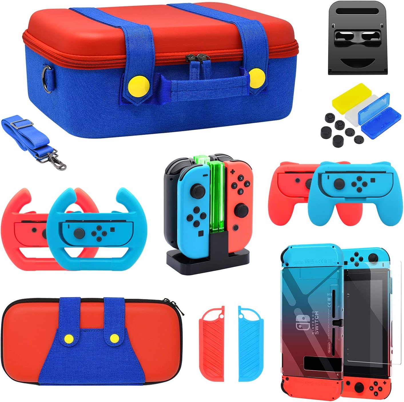Accessories Kit Bundle for Nintendo Switch, YUANHOT Cover Case Hand Grip Controller Charger Steering Wheel Stand Carrying Case Game Card Case Compatible for Nintendo Switch (19 in 1): Electronics