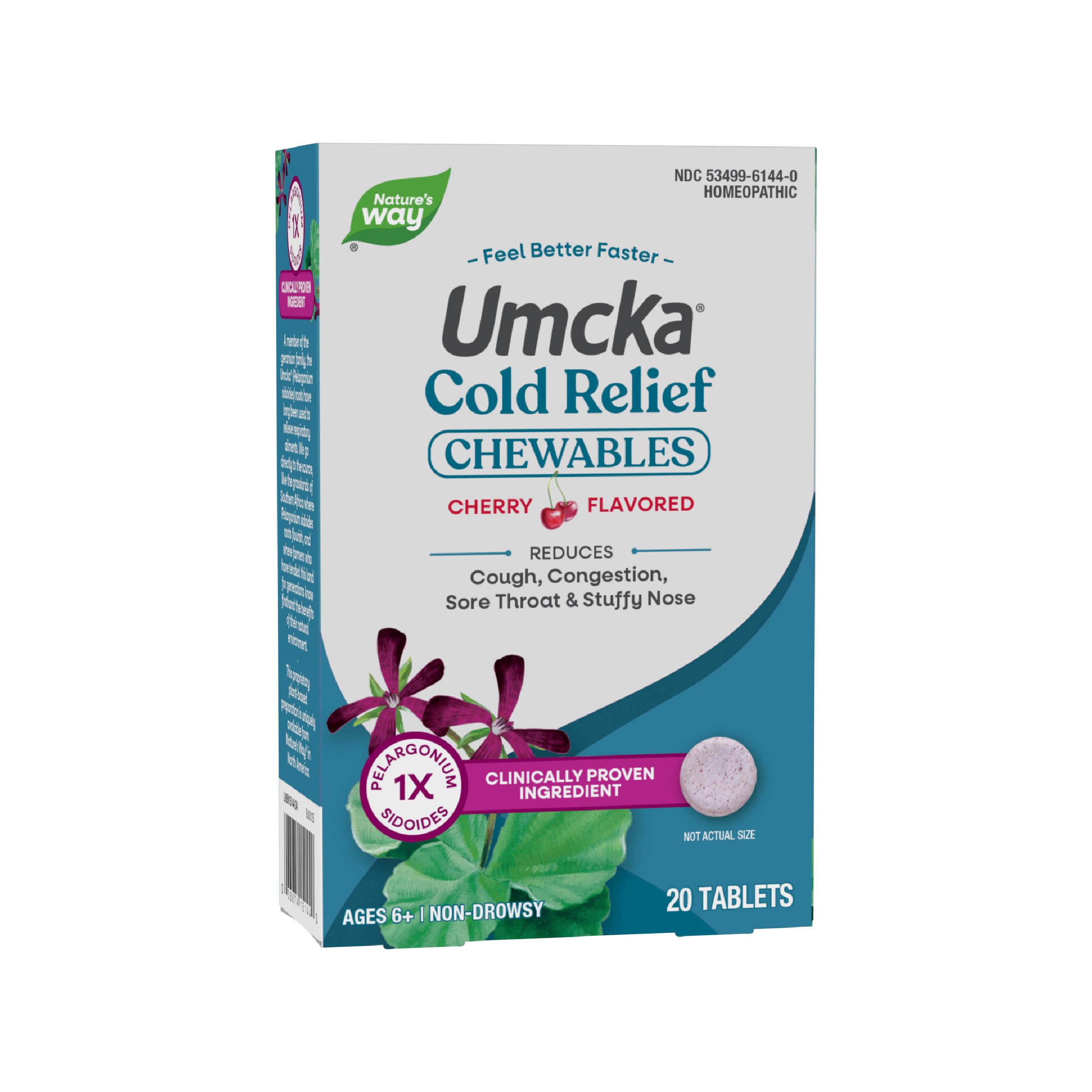 Nature's Way Umcka Cold Relief, Shortens Duration and Reduces Severity, Multi-Symptom Cold Relief, Homeopathic, Phenylephrine Free, Cherry Flavored, 20 Chewable Tablets