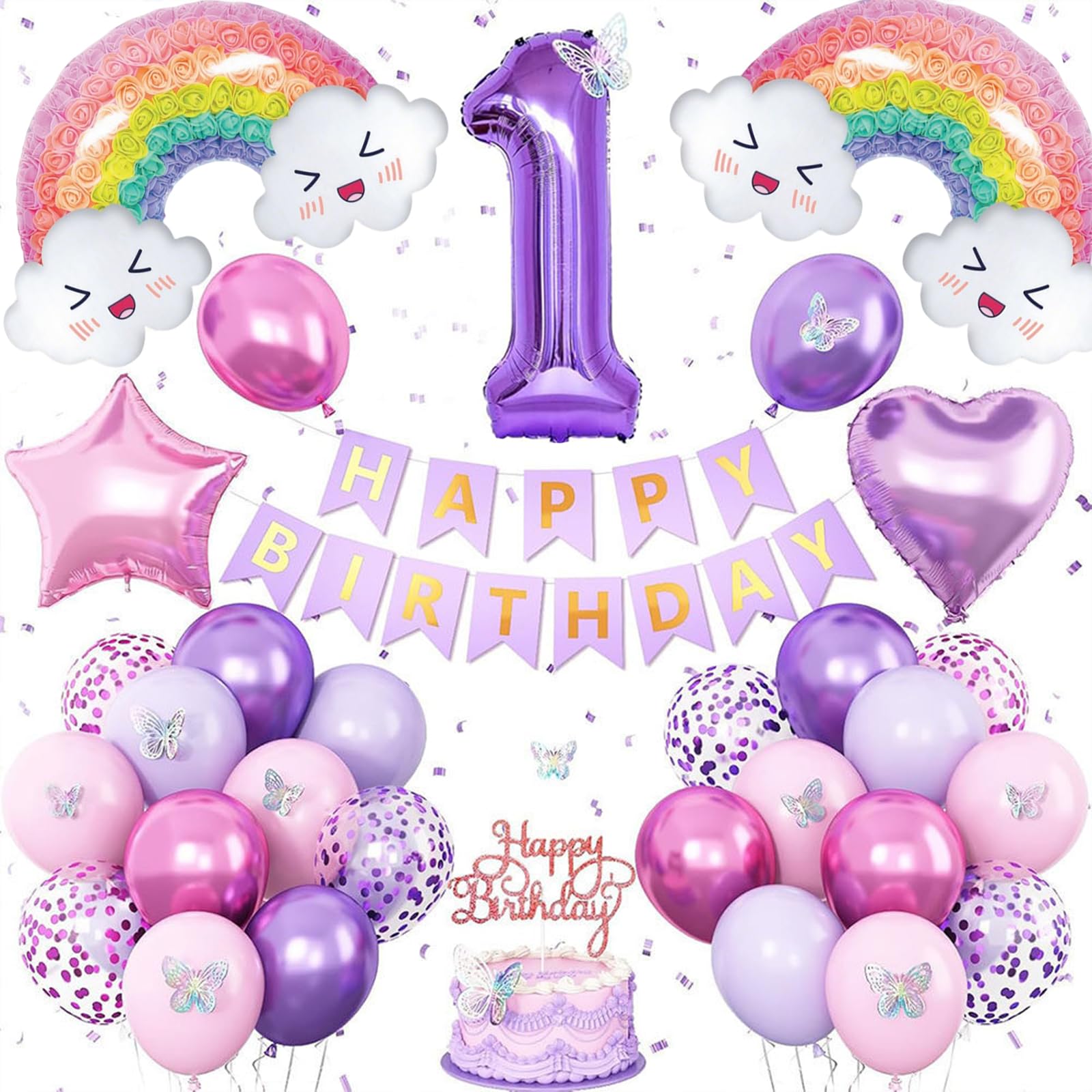 51 Pieces 1st Birthday Decorations for Girls - Rainbow Theme Number 1 Balloon Set with Banner, Butterflies, Stars for Baby Girl First Birthday Party Decor