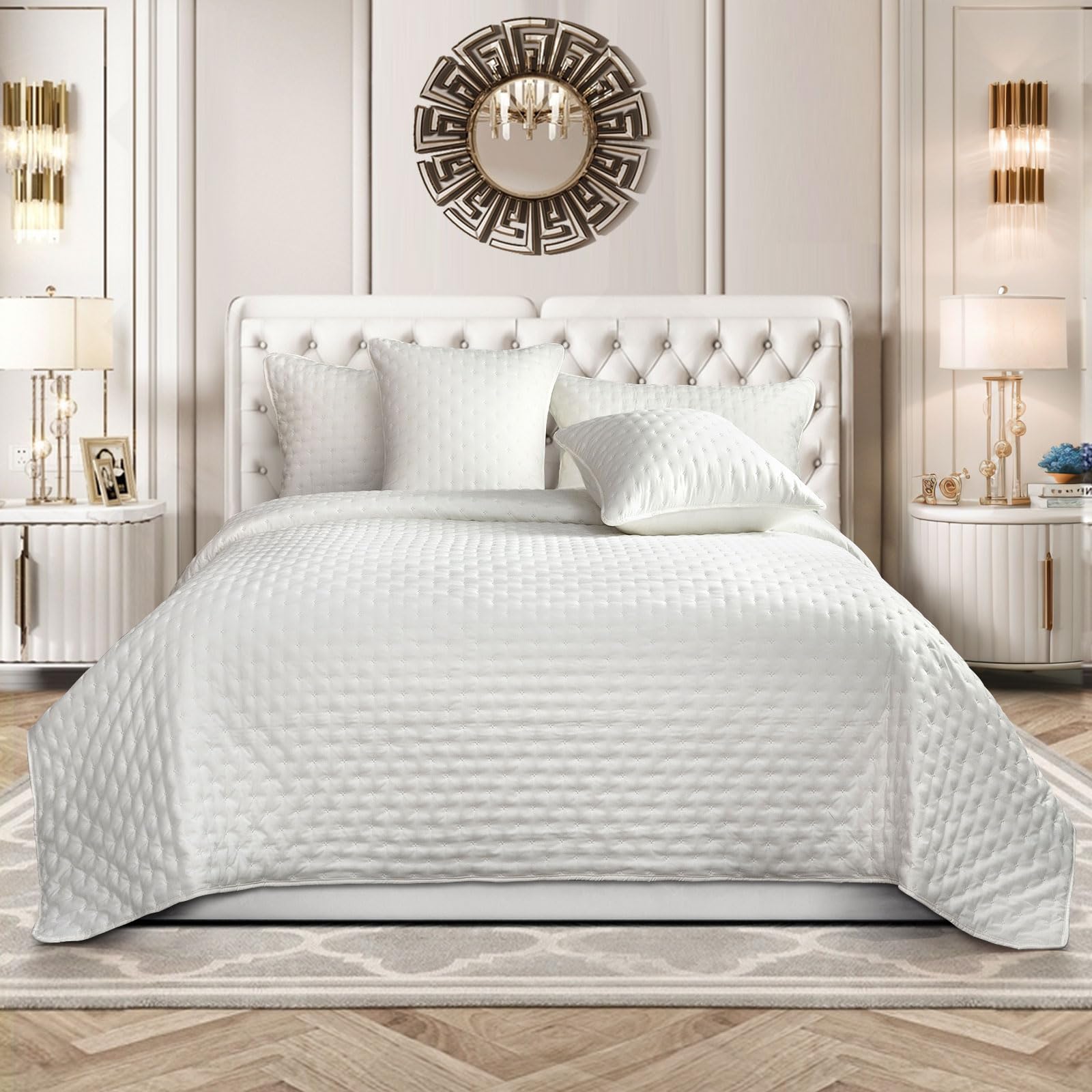 Luxury Quilted 3 Piece Bedspread Embossed Pattern for All Season, Soft Microfiber Reversible Patchwork Beddings Set Bed Throw for Bedroom Decor Reversible Coverlet (White, Comforter & 2 Pillow Shams)