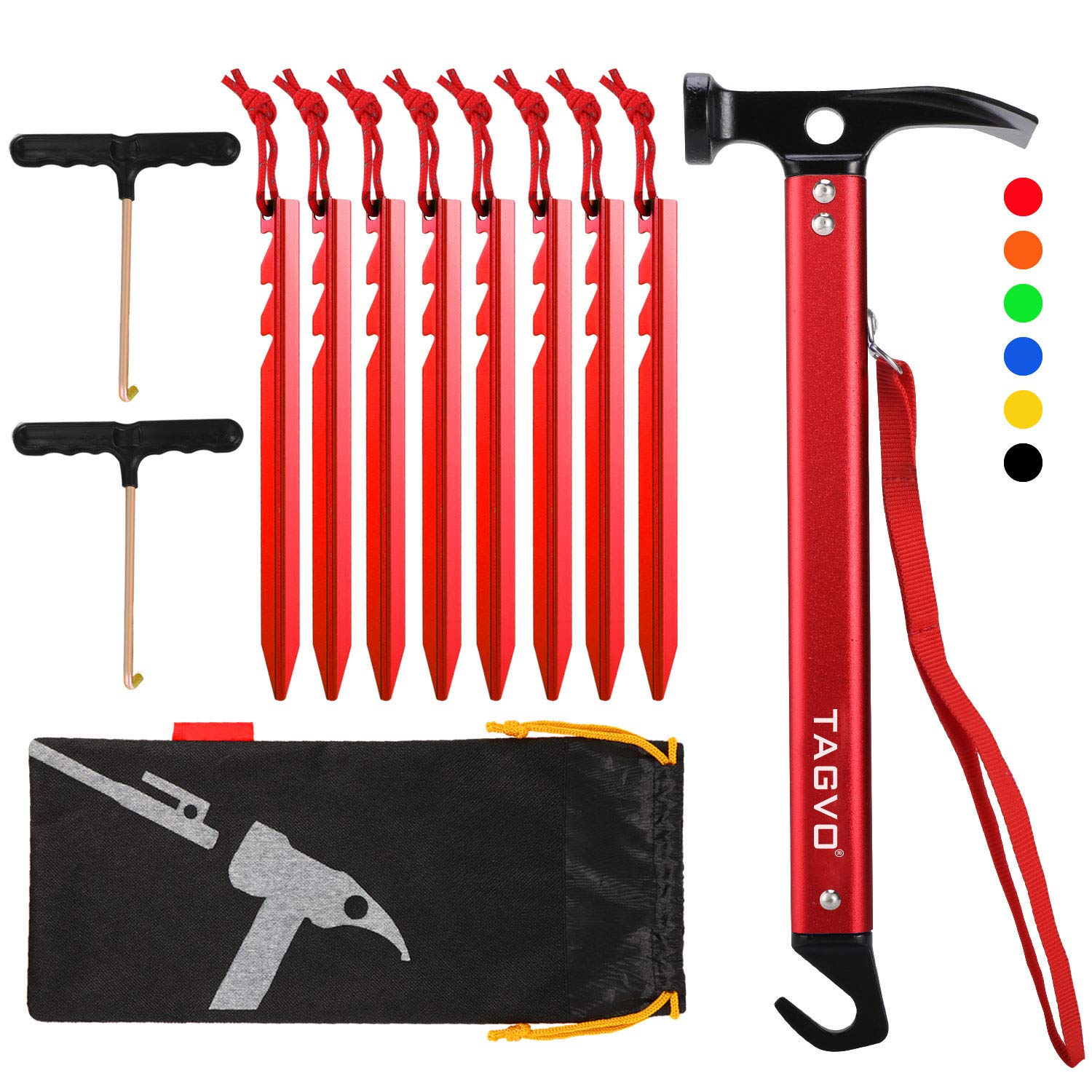 TAGVO Camping Hammer with 8 PCS Aluminum Alloy Tent Pegs and 2 PCS Multifuctional Tent Stakes Puller Set with Storage Bag, Multifunction Aluminum Tent hammer Camping Mallet Portable for Camping