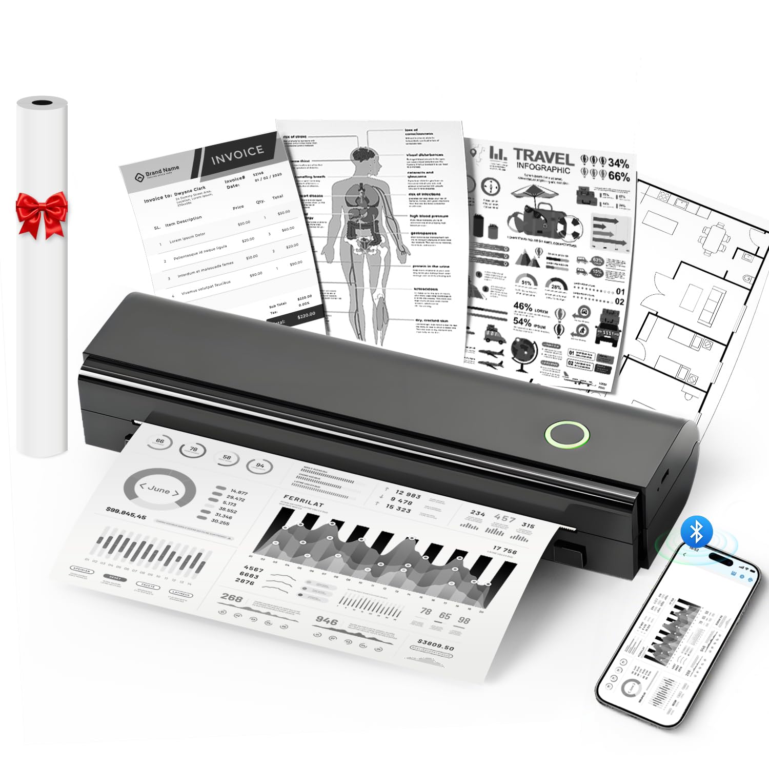 Photo 1 of Portable Printers Wireless for Travel, N80 Wireless Thermal Printer Bluetooth Inkless Printer Support 8.5" X 11" US Letter & A4 Size, Compatible with iOS, Android, Laptop for Office, Home, Car, Black